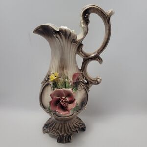 Vintage Capodimonte Porcelain Pitcher Vase With Rose Flowers 14" Made In Italy